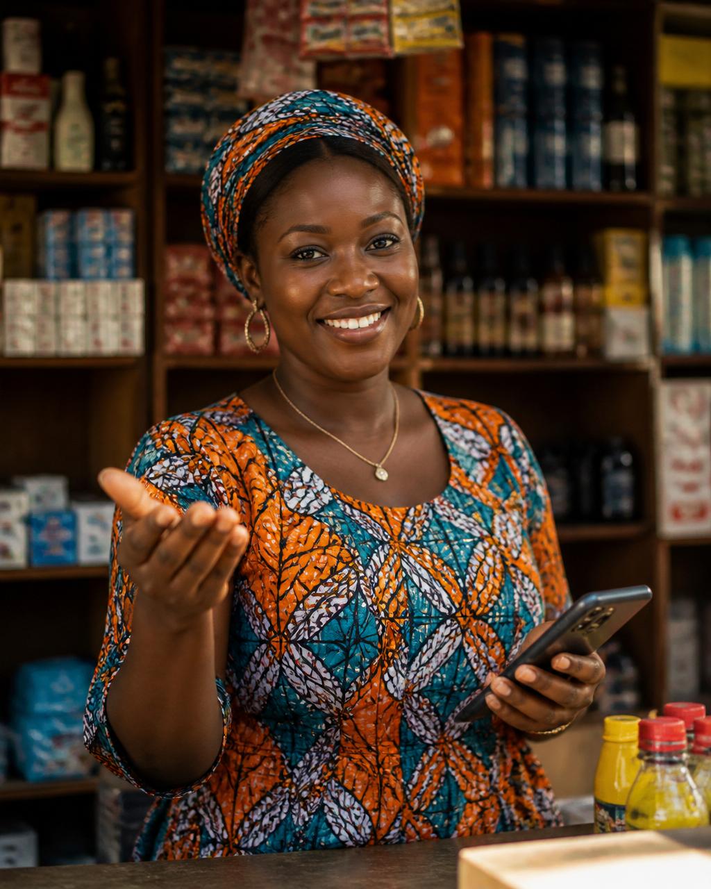Commerçante sénégalaise souriante derrière le comptoir de sa boutique, tenant un smartphone